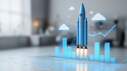 Leinwandbilder - Futuristic blue rocket ascending with glowing white and blue clouds rising graph lines signifying success and growth on a clean white background  Concept of technology innovation startup finance