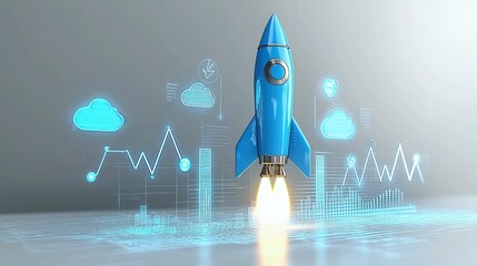 Leinwandbilder - Glowing blue rocket launching brightly against a white backdrop with rising graph lines and luminous clouds symbolizing financial growth technological innovation and business success