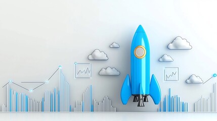 Aufkleber - Powerful blue rocket launching into the sky with glowing graph lines and luminous clouds symbolizing growth success and rising business trends on a clean white backdrop