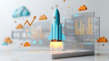 Poster - Dynamic 3D rendering of a glowing blue rocket surrounded by vibrant clouds and an upward arrow graph on a sleek white background representing innovation technological advancement and business growth