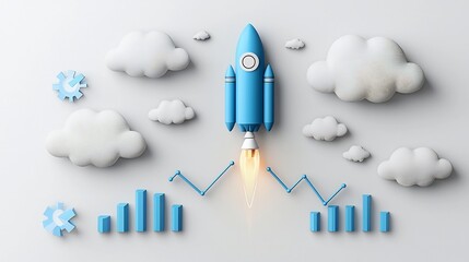 Leinwandbilder - Dynamic blue rocket ascending amidst glowing clouds surrounded by an upward trending graph line signifying growth and success on a sleek modern white canvas backdrop