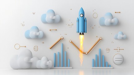 Aufkleber - Blue rocket ascending against a background of glowing clouds surrounded by an upward graph line signifying progress and success on a modern white canvas  This image represents concepts of technology
