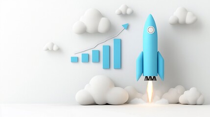 Leinwandbilder - Striking 3D Rendered Rocket Glowing in Blue Color Taking Off with White Clouds and a Bold Rising Graph on a Bright White Background Representing Technological Advancement