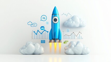 Aufkleber - A striking digital rendering of a blue futuristic rocket soaring through bright billowing clouds against a pristine white backdrop  The rocket is accompanied by a rising graph symbolizing growth