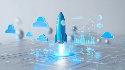 Aufkleber - Futuristic Blue Rocket with Glowing Aura Surrounded by Bright Clouds and a Rising Graph Symbolizing Growth Innovation and Technological Advancement on a Clean White Backdrop