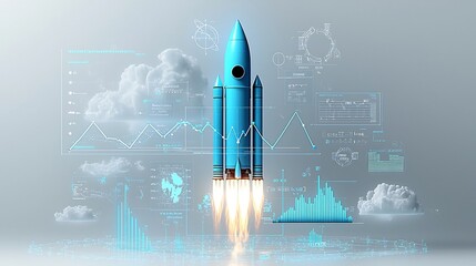 Aufkleber - Futuristic 3D visualization of a glowing blue rocket soaring upwards with a bright cloud trail and a success driven graph line on a minimalist white background symbolizing progress achievement