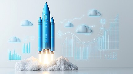 Leinwandbilder - Futuristic blue rocket glowing as it launches accompanied by upward graph lines and glowing clouds on a white background representing the progress growth and advancement of technology science