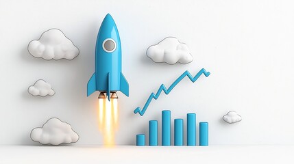 Leinwandbilder - Dynamic blue rocket taking off into the sky surrounded by radiant clouds highlighted by a rising graph line indicating growth on a bright white background symbolizing technology innovation