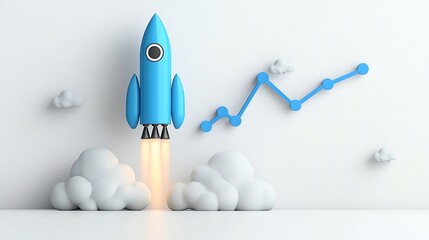 Leinwandbilder - Dynamic blue rocket taking off with radiant clouds highlighted by a rising graph line indicating growth on a bright white background