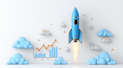 Leinwandbilder - A striking image depicting a blue rocket ascending with a bright glow surrounded by radiant clouds and a bold rising graph showcasing growth on a clean white canvas symbolizing technological progress