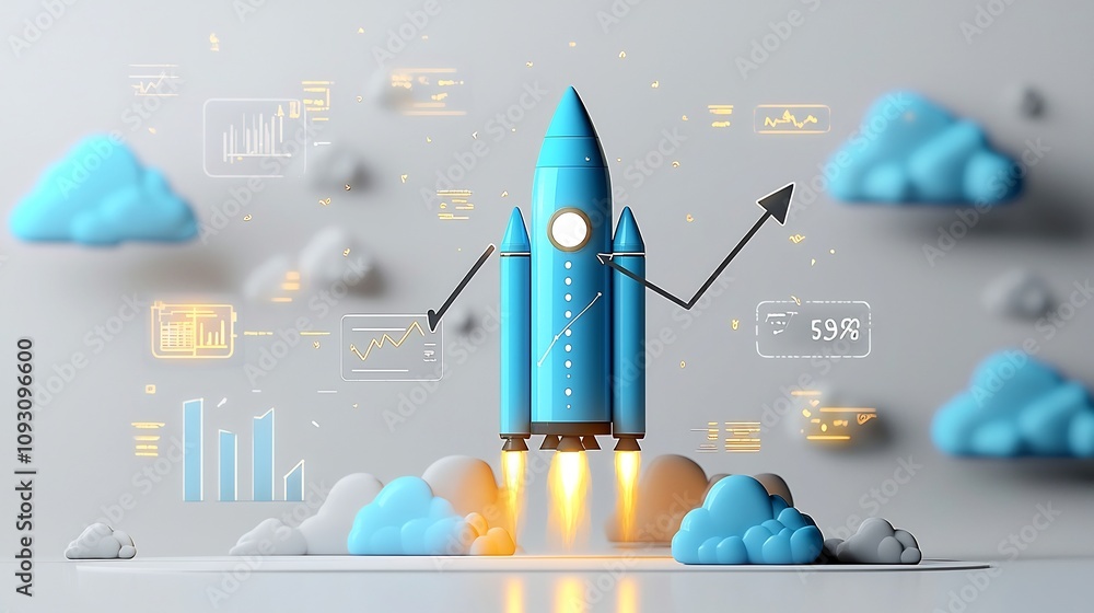 A luminous blue rocket surrounded by glowing clouds and an upward chart ...