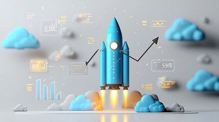 Poster - A luminous blue rocket surrounded by glowing clouds and an upward chart line representing progress and innovation on a minimal white backdrop  This dynamic image symbolizes success growth