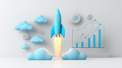 Leinwandbilder - Glowing blue rocket launching into the sky with luminous clouds surrounding it and a rising chart or graph in the background symbolizing success growth innovation and technological advancement
