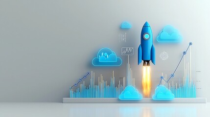 Aufkleber - A glowing blue rocket blasts off into the sky trailing luminous clouds set against a modern white background  A rising financial chart or graph symbolizes the success innovation