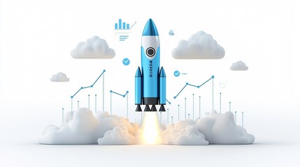 Aufkleber - Futuristic blue rocket launching with bright clouds and upward graph lines symbolizing progress and technological innovation on a clean white backdrop