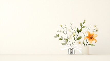 Aufkleber - Soft and romantic watercolor depicting silver bells decorated with delicate floral accents of lilies and green leaves tied with a white ribbon for a beautiful wedding theme or holiday