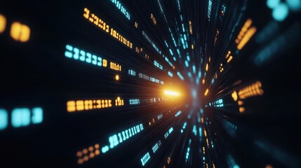 Wall Mural - abstract image of vibrant blue and orange binary code flows through light tunnel, symbolizing speed 