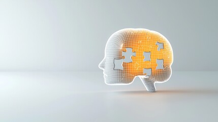 Poster - Bright glowing puzzle piece floating within the outline of a human head shape representing the complex nature of mental health challenges and the search for solutions on a clean white backdrop