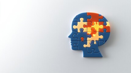 Poster - Glowing puzzle piece seamlessly integrated into a human head silhouette symbolizing mental health awareness and the interconnectedness of the mind on World Mental Health Day