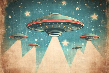 Wall Mural - A retro UFO poster with vintage-style colors, banner