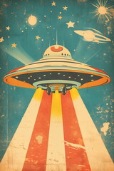 Wall Mural - A retro UFO poster with vintage-style colors, banner