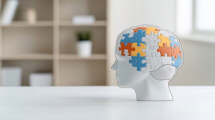 Aufkleber - Glowing human head with a puzzle piece centerpiece symbolizing the challenges and solutions of mental health  Set against a bright white canvas