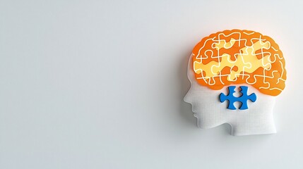 Poster - Glowing human head with a puzzle piece centerpiece symbolizing the complex challenges and transformative solutions of mental health on a bright white canvas