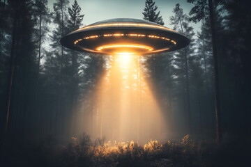 Wall Mural - A small UFO hidden by trees in a dark forest, beam of light illuminating the ground