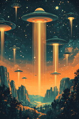 Wall Mural - A retro UFO poster with vintage-style colors, banner