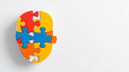 Aufkleber - Vibrant puzzle piece integrated into a human head symbolizing the search for solutions and greater awareness surrounding mental health challenges on a minimal white backdrop