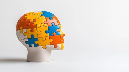 Poster - Puzzle Head A Vibrant Metaphor for Mental Health Awareness and the Pursuit of Solutions  The image depicts a human head overlaid with a colorful puzzle piece symbolizing the complex
