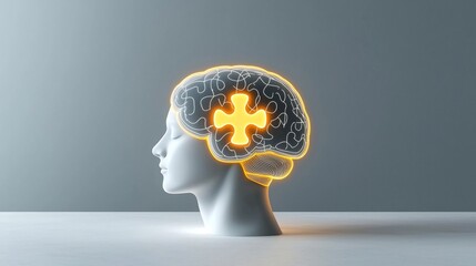 Aufkleber - A brightly lit human head with a glowing puzzle piece at the center representing the concept of mental health awareness on a clean white background