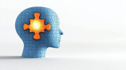Poster - Creative of a glowing puzzle piece inside a human head silhouette symbolizing the connection between mental health awareness and the unique complex nature of the human mind
