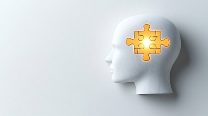 Poster - Conceptual image of a human head design with a glowing puzzle piece centerpiece symbolizing mental health solutions and the power of the mind to find innovative answers on a white backdrop