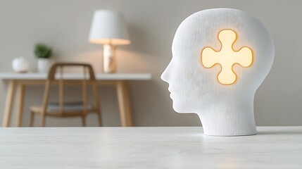 Poster - Luminous puzzle piece encased within a stylized human head representing the power of the mind and the quest for mental health awareness and solutions set against a bright white canvas background