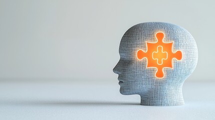 Poster - Bright human head with a glowing puzzle piece at the center representing the search for solutions to mental health challenges and the illumination of the mind on a clean white backdrop