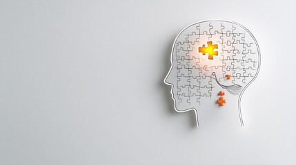 Poster - Glowing human head outline with a radiant puzzle piece representing the concept of mental health and awareness on a minimal white canvas  This digital showcases a symbolic