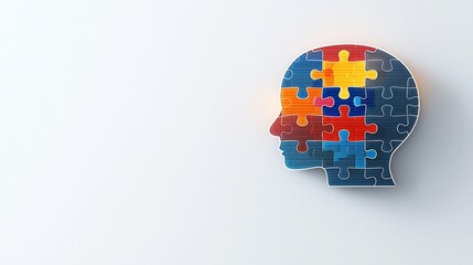 Poster - Vibrant glowing puzzle piece seamlessly integrated into the shape of a human head symbolizing the complex challenges and inner workings of mental health and the process of self discovery