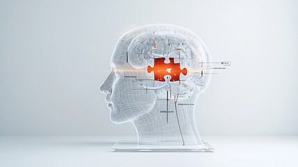 Poster - Glowing Human Head with Puzzle Piece Centerpiece   Symbolic Representation of Mental Health Challenges and Solutions on a Clean White Canvas Background