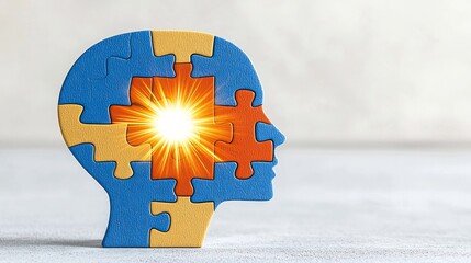 Poster - Puzzle Piece Radiating Light from Inside Human Head Silhouette Symbolizing Mental Health Awareness and Enlightenment for World Mental Health Day on White Background