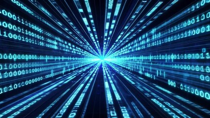 Digital Data Tunnel: A mesmerizing abstract concept image of a tunnel composed of luminous binary code streaking toward a vanishing point.