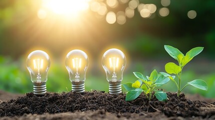 Leinwandbilder - Four glowing light bulbs nestled in fresh soil with bright green leaves surrounding them and a golden bokeh filled backdrop shining through
