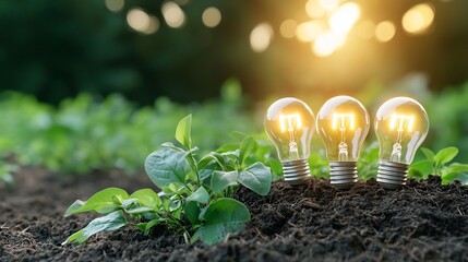 Aufkleber - Four luminous light bulbs stand upright in rich soil with vibrant green leaves and a golden bokeh filled backdrop showcasing a harmonious blend of technology and nature