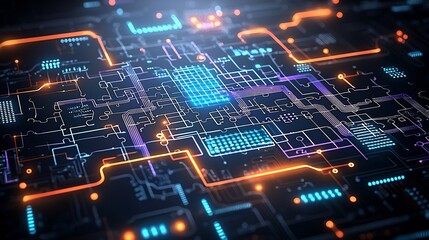 Fototapete - Close up of interconnected glowing puzzle pieces in a vibrant futuristic design illuminated with neon hues of blue orange and purple