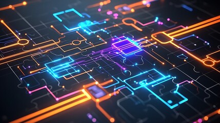 Leinwandbilder - Seamlessly Connected Futuristic Glowing Puzzle Pieces with Neon Blue Orange and Purple Lights and Intricate Circuit like Designs Set Against a Modern Abstract Digital Background
