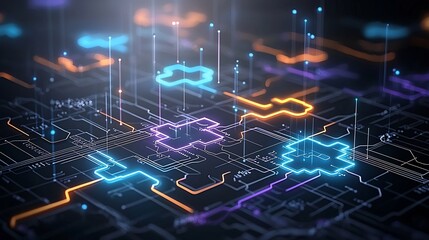 Aufkleber - Futuristic interconnected puzzle pieces glowing in vibrant neon blue orange and purple colors with circuit like details and a high tech digital abstract background