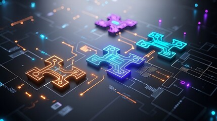 Fototapete - Glowing puzzle pieces with neon blue orange and purple lights featuring circuit designs that symbolize connectivity and digital innovation set against a modern digital inspired backdrop