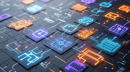 Aufkleber - Glowing puzzle pieces with neon blue orange and purple lights featuring circuit designs symbolizing connectivity set against a modern digital inspired backdrop