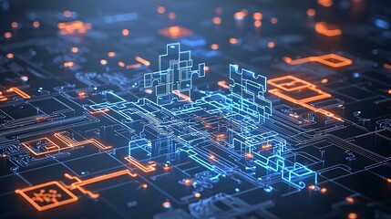 Fototapete - Glowing neon puzzle pieces in vibrant shades of blue and orange showcasing intricate circuit patterns and seamless digital connections on a modern abstract background