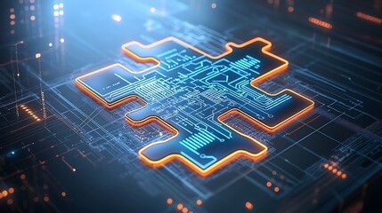 Leinwandbilder - A captivating digital artwork depicting neon lit puzzle pieces with intricate circuit designs